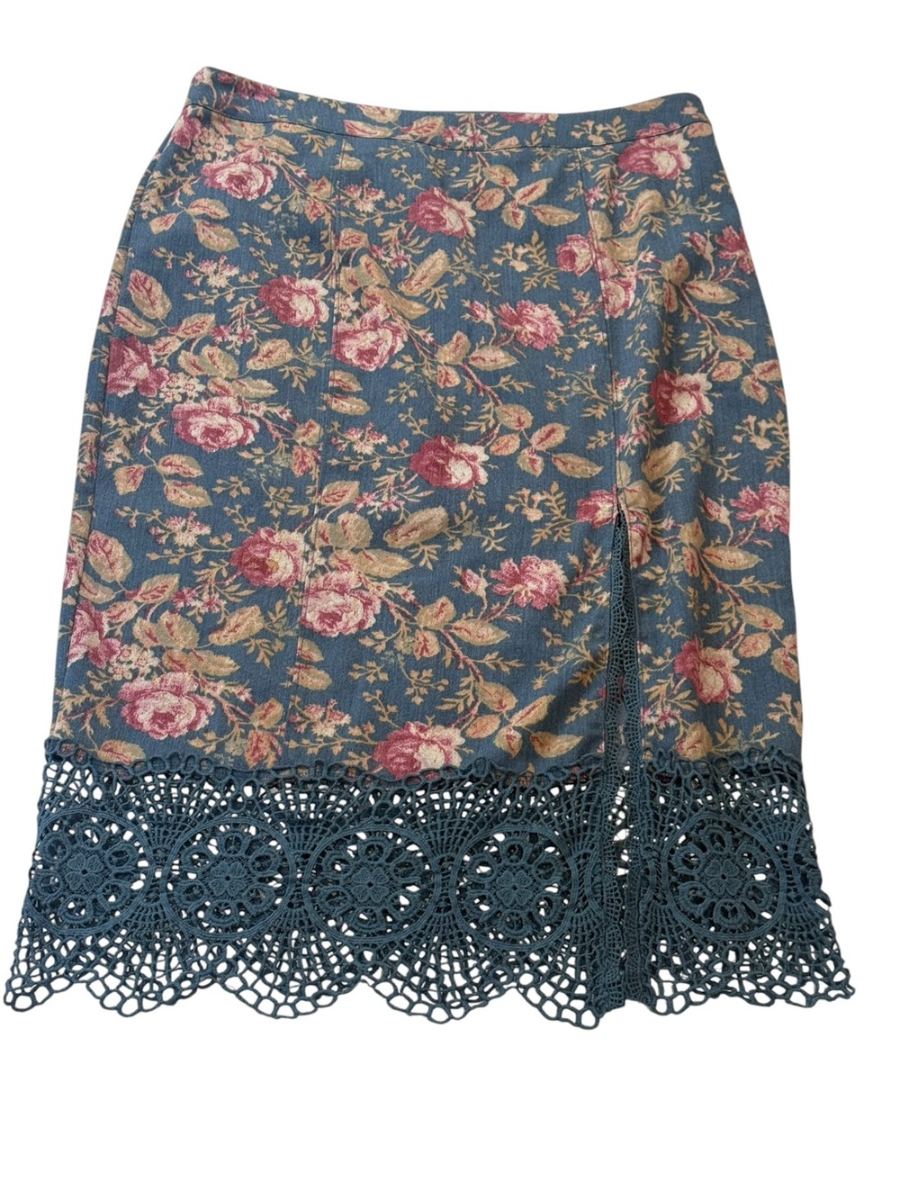 Free People Teal Floral Pencil Skirt with Rose Print Crochet Lace Size‎ 6 Boho